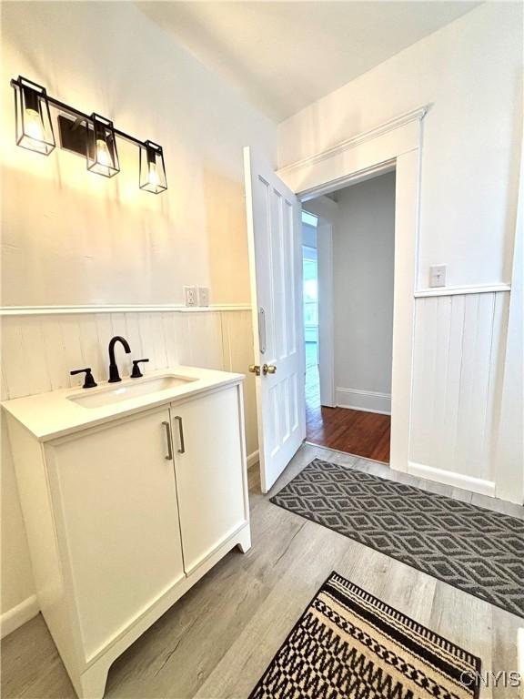 bathroom with hardwood / wood-style floors and vanity