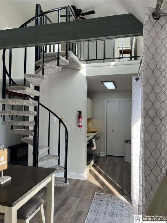 stairway with hardwood / wood-style floors