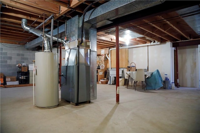 basement with heating unit and water heater