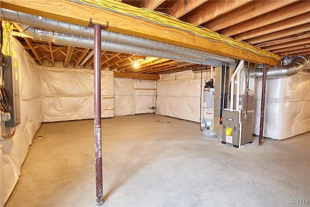 basement with heating unit and gas water heater