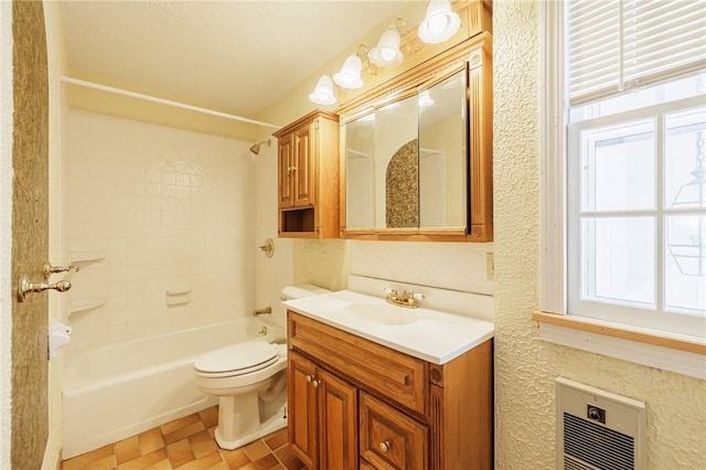 full bathroom with heating unit, toilet, vanity, and bathing tub / shower combination