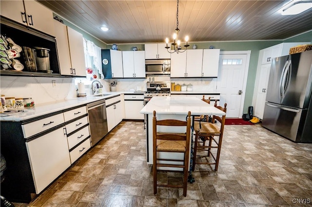 kitchen with tasteful backsplash, wood ceiling, a sink, and stainless steel appliances