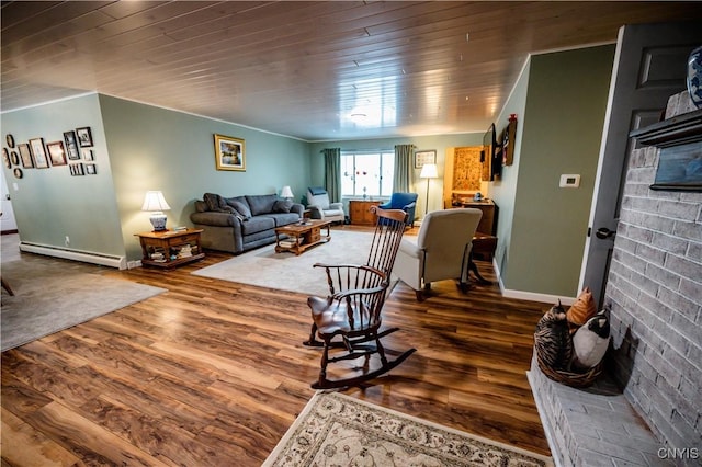 living room featuring a fireplace, a baseboard radiator, wooden ceiling, and wood finished floors