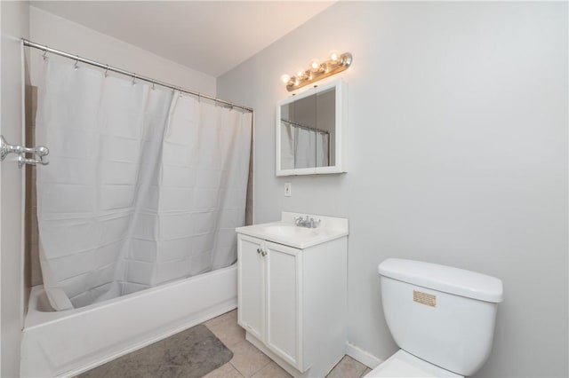 full bathroom featuring toilet, shower / bath combination with curtain, tile patterned floors, and vanity