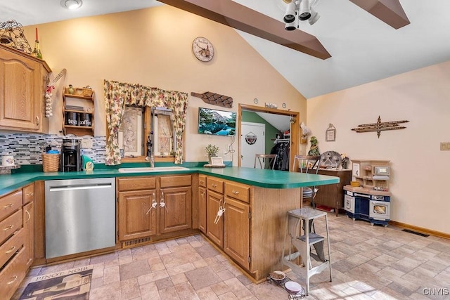 kitchen featuring high vaulted ceiling, decorative backsplash, dishwasher, and kitchen peninsula