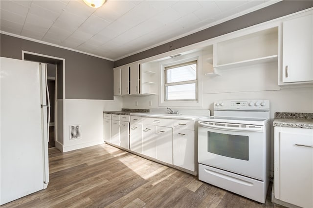 kitchen featuring sink, crown molding, white appliances, white cabinets, and dark hardwood / wood-style flooring