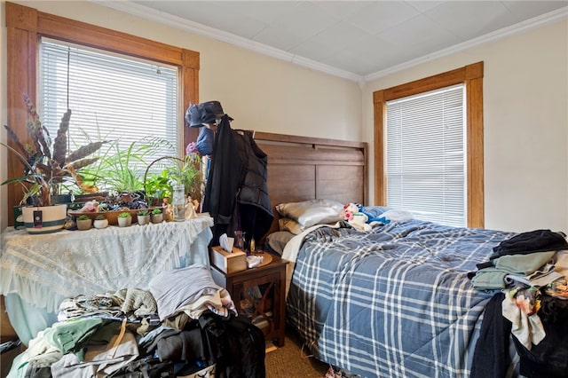 carpeted bedroom with crown molding