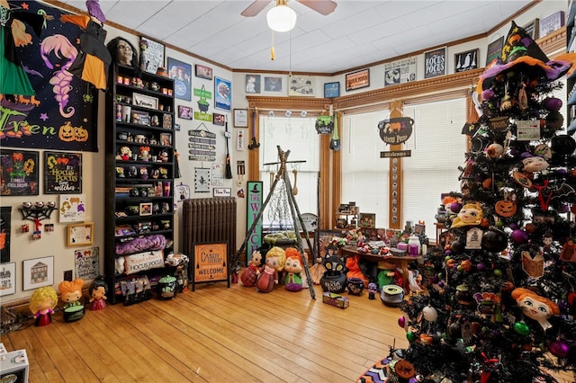 interior space featuring ceiling fan, ornamental molding, and wood-type flooring