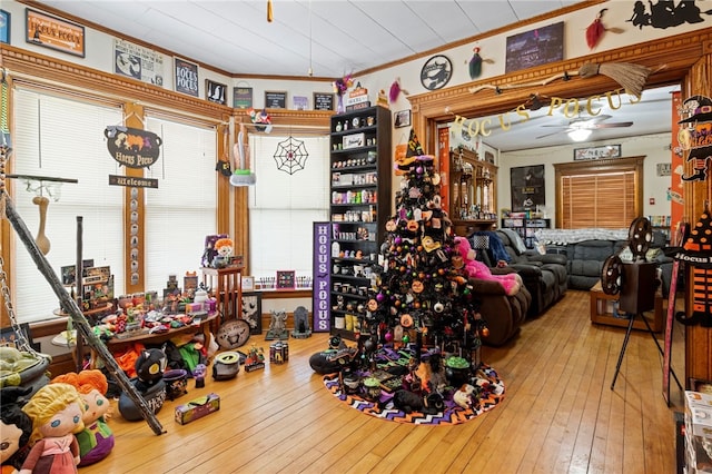 misc room with ceiling fan, ornamental molding, and wood-type flooring