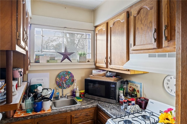 kitchen featuring white gas range oven and sink