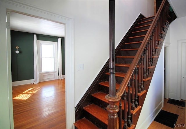 staircase with hardwood / wood-style flooring