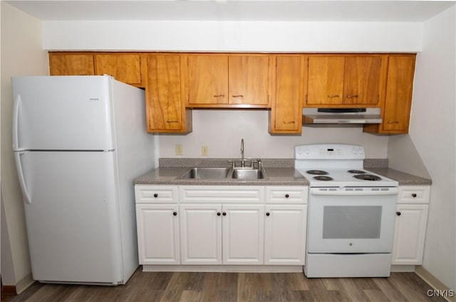 kitchen with sink, white appliances, white cabinets, and dark hardwood / wood-style flooring