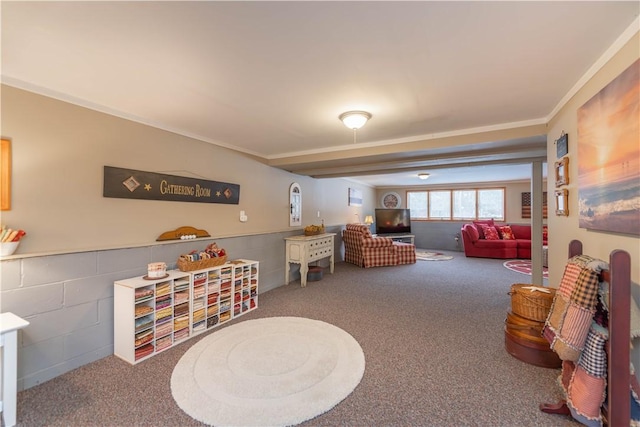 recreation room featuring ornamental molding and carpet floors