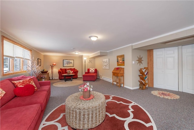 carpeted living room with crown molding and a baseboard radiator