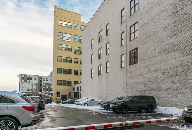 view of snow covered building