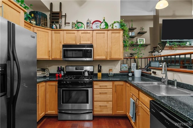 kitchen with a toaster, appliances with stainless steel finishes, dark wood-style flooring, light brown cabinetry, and a sink