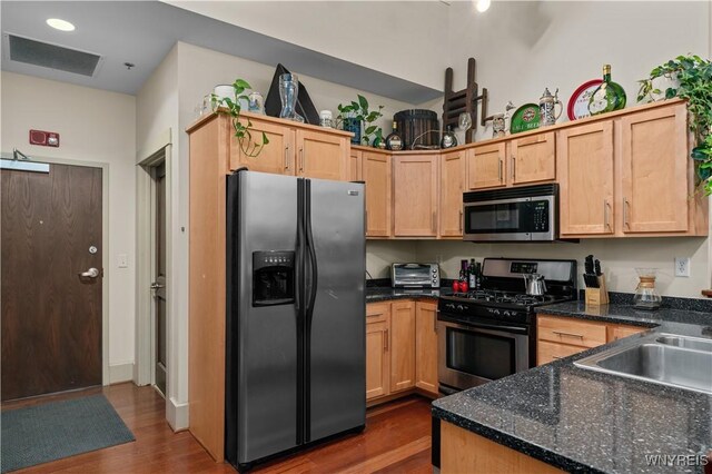 kitchen featuring light brown cabinets, hardwood / wood-style flooring, and appliances with stainless steel finishes