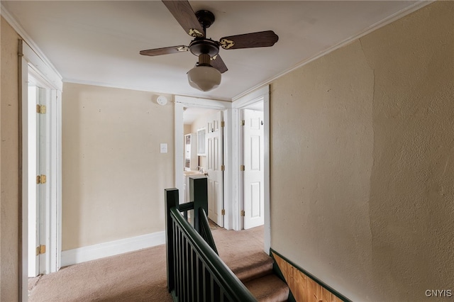 interior space featuring ceiling fan, crown molding, and carpet floors