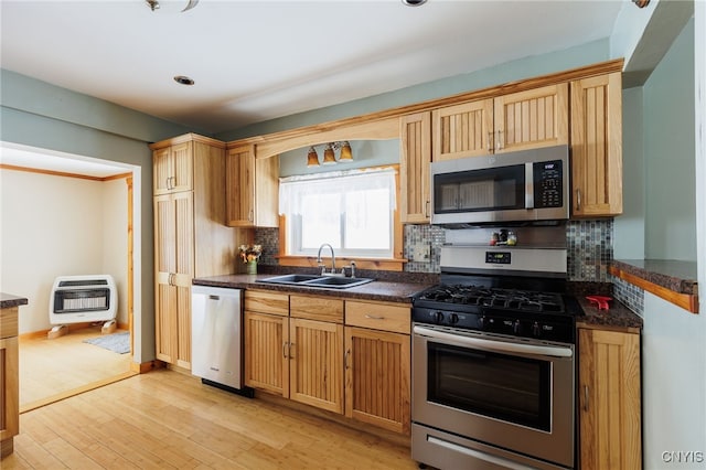 kitchen featuring light hardwood / wood-style flooring, stainless steel appliances, decorative backsplash, sink, and heating unit