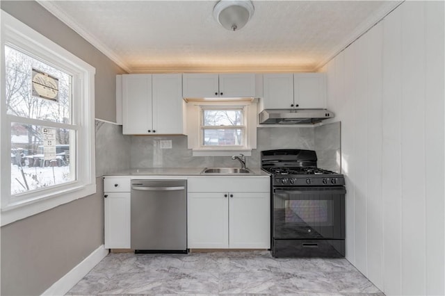 kitchen with crown molding, white cabinetry, stainless steel dishwasher, sink, and gas stove