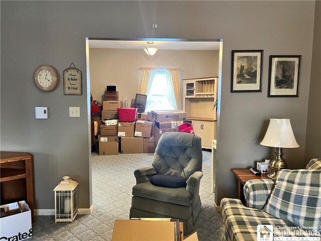 living area featuring light colored carpet