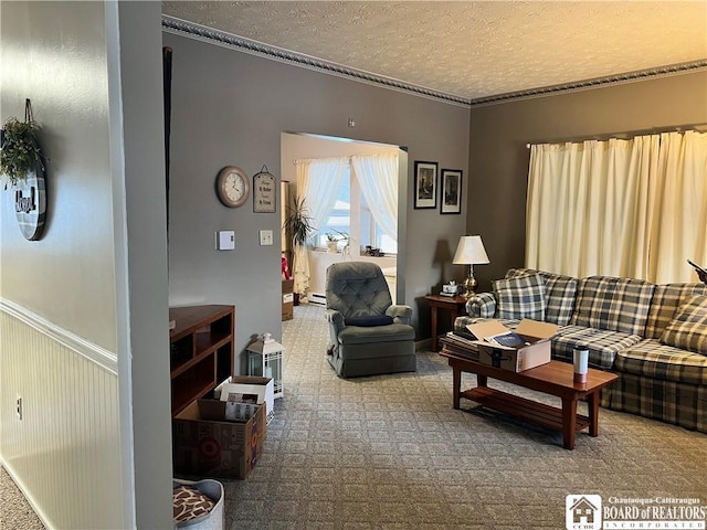 living room with a textured ceiling, wainscoting, and carpet