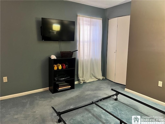 bedroom with a closet, carpet flooring, and baseboards