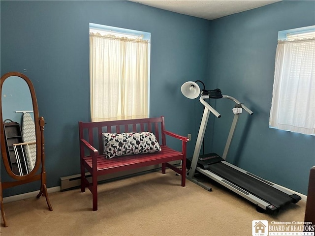 workout room featuring carpet flooring and baseboards