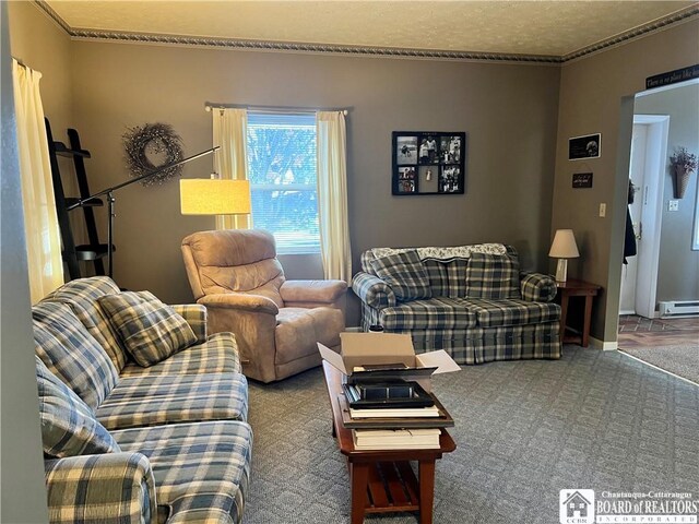 carpeted living room featuring a baseboard heating unit and baseboards