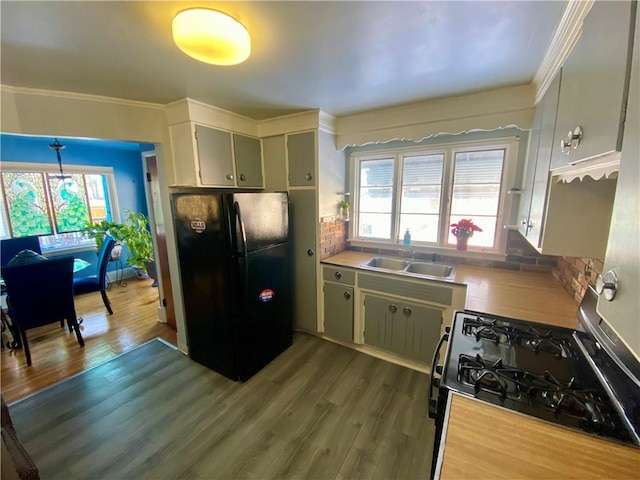 kitchen featuring sink, plenty of natural light, black fridge, and stainless steel range with gas cooktop