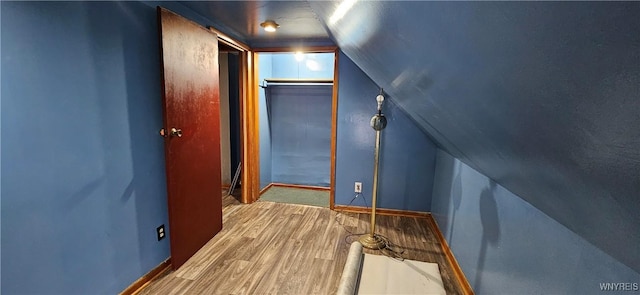 interior space with wood-type flooring and lofted ceiling