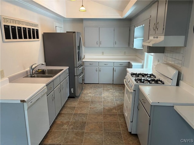 kitchen with white range with gas cooktop, sink, backsplash, hanging light fixtures, and stainless steel fridge with ice dispenser