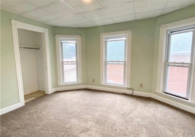 unfurnished bedroom with carpet floors, a drop ceiling, and a closet