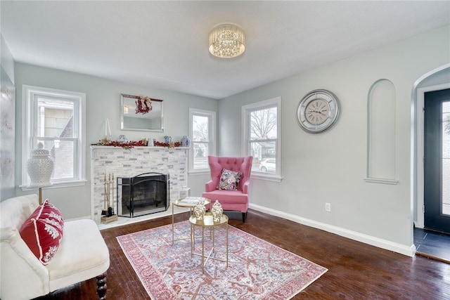 living room featuring dark wood-type flooring