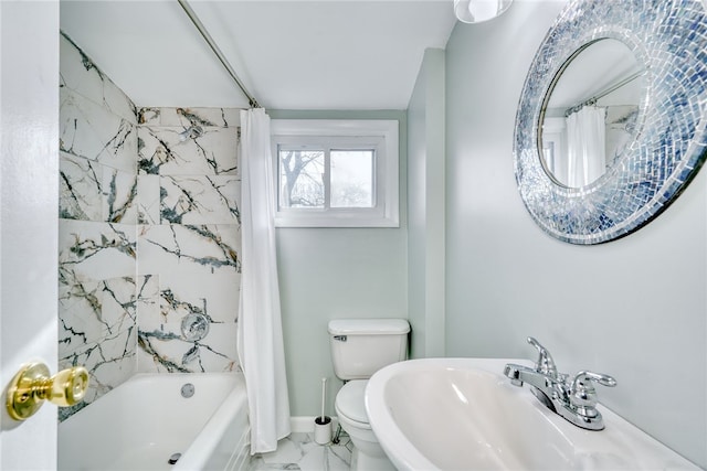 full bathroom with sink, toilet, and shower / bath combination with curtain