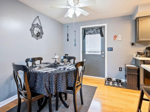 dining room featuring light wood-type flooring and ceiling fan