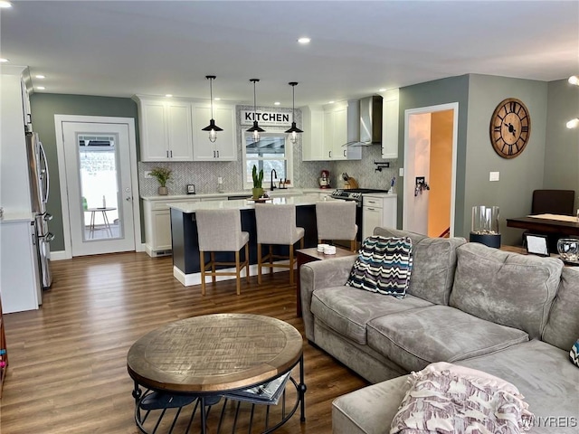 living room with sink and dark wood-type flooring