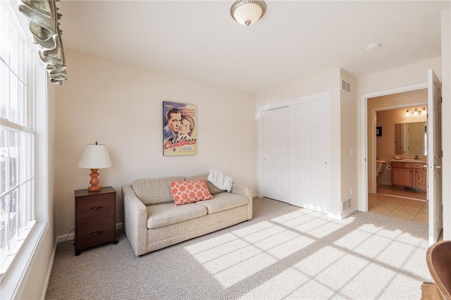 living room featuring light carpet