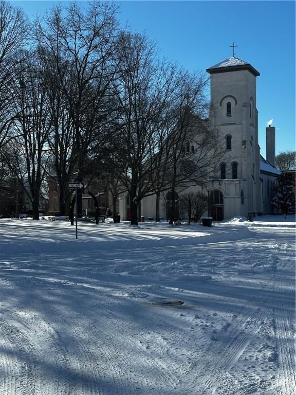 view of snow covered building