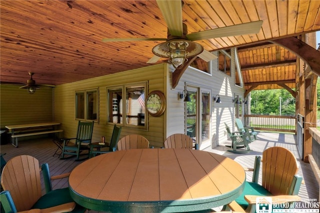 exterior space featuring ceiling fan and wood ceiling