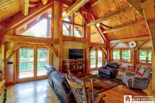 living room with wood ceiling, light hardwood / wood-style flooring, beam ceiling, and high vaulted ceiling