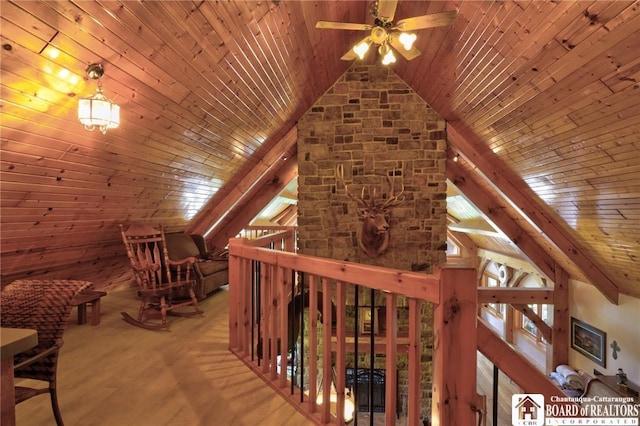 bonus room with hardwood / wood-style flooring, high vaulted ceiling, ceiling fan, and wooden ceiling