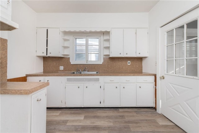 kitchen featuring light wood-type flooring, white cabinetry, and tasteful backsplash