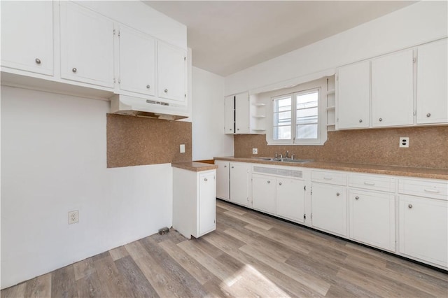 kitchen featuring white cabinets, light hardwood / wood-style flooring, decorative backsplash, and sink