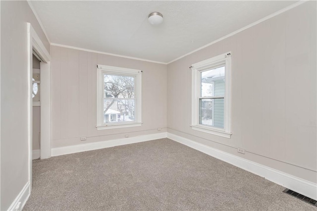 spare room with crown molding and carpet floors