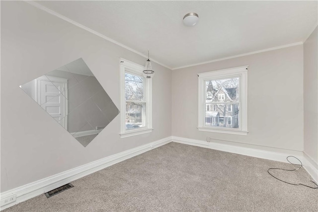 interior space with carpet, crown molding, and a healthy amount of sunlight