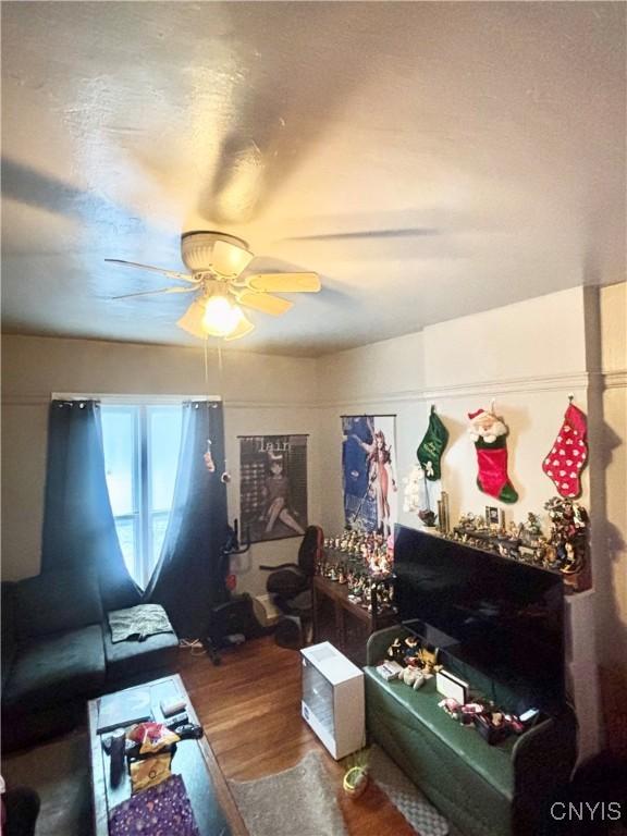 living room featuring ceiling fan and wood-type flooring