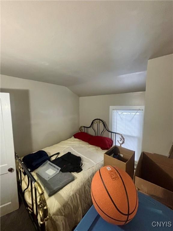 carpeted bedroom with lofted ceiling