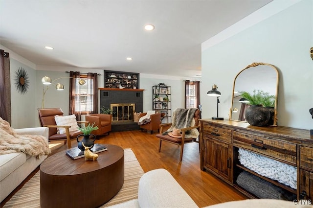 living room featuring a fireplace and light hardwood / wood-style flooring