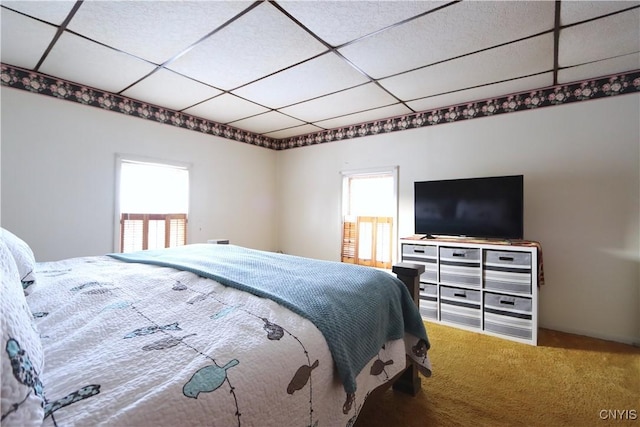 carpeted bedroom featuring a drop ceiling